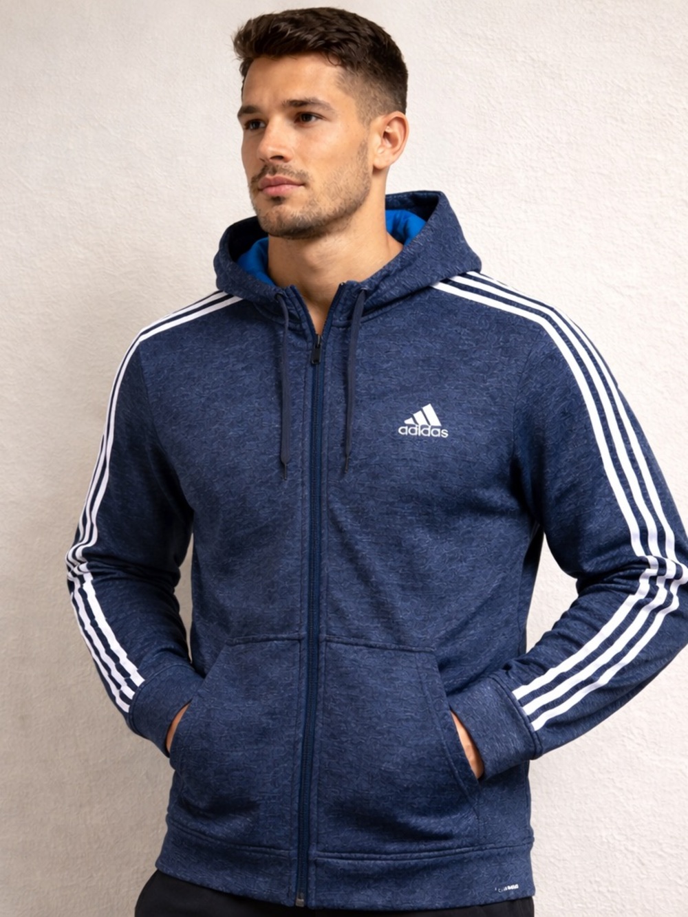 Adidas Climawarm Full Zip Hoodie Men’s L Blue 3 Stripe Fleece Jacket Active Gym
